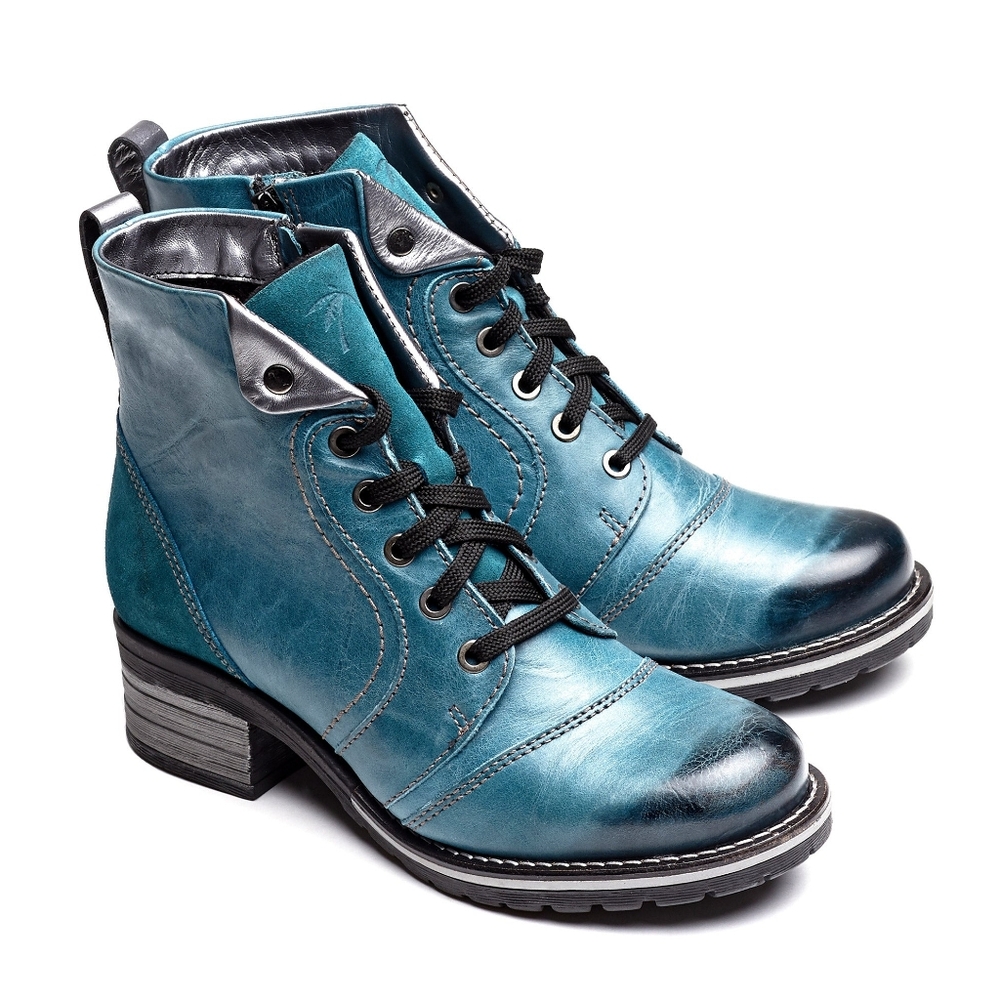 Dromedaris 39 Karissa Teal And Silver Leather And Suede Women's Boot